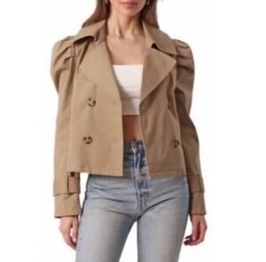 Avec Les Filles Cropped Trench Coat Puffed Shoulder Double-Breasted Medium